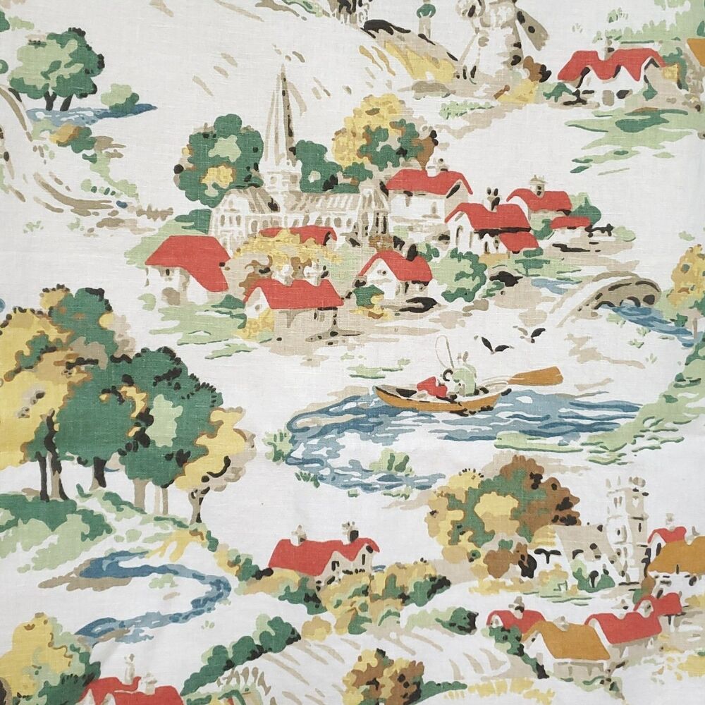 Pottery Barn Table Runner 18x90 Linen Cotton Scenic Church Village Scene Europe